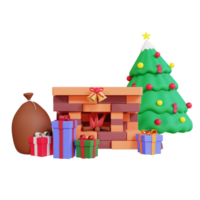 Fiesta de navidad 3d con chimenea y caja de regalo. png