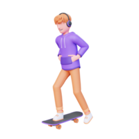 Personagem 3D jovem usa fone de ouvido e joga o skate png