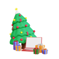 3d christmas tree, gift box and laptop png