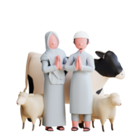 3d character muslim couple celebrate eid al adha mubarak with sheep and cow png