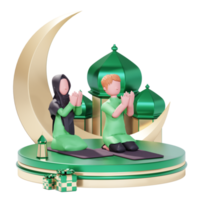 Ramadan kareem banner template with 3d muslim couple character praying together png