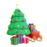 3d icon christmas tree, gift box and sledge png