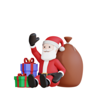 personaje 3d de la mascota de santa claus sentado con caja de regalo de navidad png