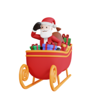 personaggio 3d della mascotte di babbo natale che porta il contenitore di regalo di natale sulla slitta png