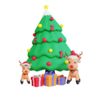 3d icon christmas tree, gift box and reindeers