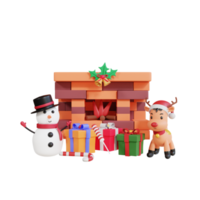 Fête de noël 3d avec cheminée, bonhomme de neige, rennes et coffret cadeau