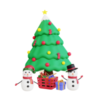 3d christmas tree, gift box and snowman with transparent background