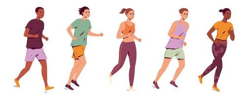 Group of young people running on a white background. vector