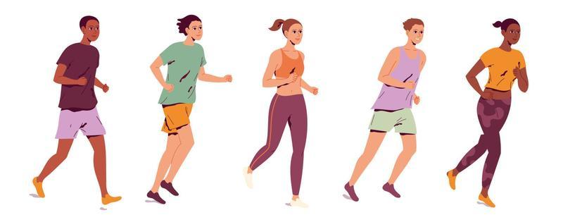 Group of young people running on a white background.
