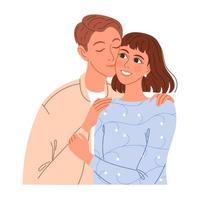 Young man is fondly snuggled up to the girl he loves with his eyes closed. vector