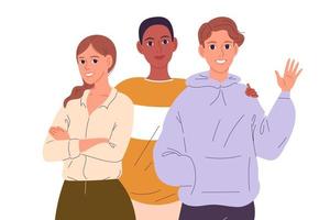 Friends standing together, embracing waving hands.  illustration vector