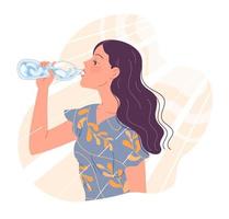 la joven tiene sed en el calor y bebe agua. vector