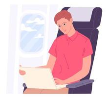 Man with laptop on aircraft during flight. vector