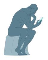 Statue of Thinker Sitting with a Smartphone in His Hand. vector