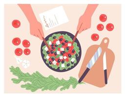 A person is preparing a salad. View from above. vector