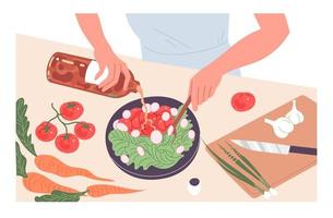 una persona cocina una comida en casa. ensalada de verduras frescas. vector