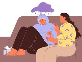 Suffering young man on couch and compassionate woman. vector