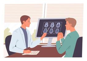 Doctor receives the patient and examines his MRI scan. vector