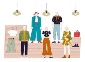 Collection of clothes on mannequins in the store window. vector