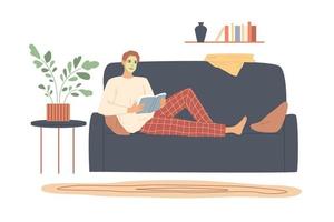 Man with cream on his face lies on the sofa and reads. vector