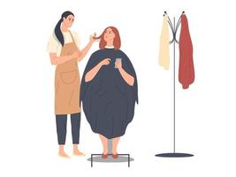 Woman discussing hairstyling with her hairdresser in the hairdressing salon. vector