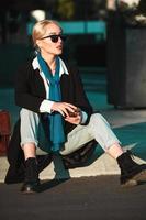 Portrait Of Successful Business Woman. Blonde european girl. Russian business lady. Hipster girl outfits. photo