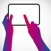 The hands hold the tablet pc and touch the screen with your finger. Vector silhouette illustration.