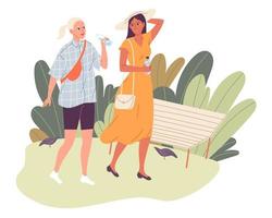 dos chicas en un paseo por el parque en el caluroso verano. amigos caminando, hablando, uno bebiendo agua. vector