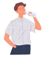 Young man drinks water from a bottle. vector