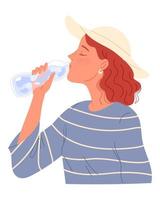 Redheaded girl with freckles and a hat drinking water from bottle vector