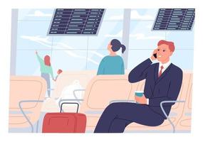 el hombre de negocios se sienta en el aeropuerto y habla por teléfono. vector