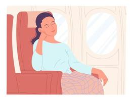 mujer durmiendo en un avión durante el vuelo vector