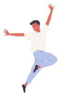 A young man dances in a jump with his hands up. vector