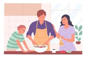 Family in the kitchen. Man makes salad, wife gives him dressing. vector