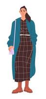 Young woman in a dress and an unbuttoned coat. vector