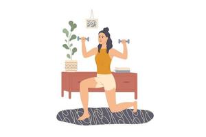 Woman trains at home, makes lunges forward with dumbbells. vector