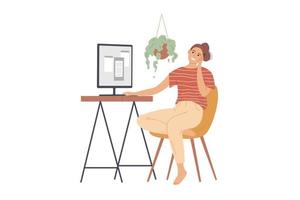 Woman sits in front of a monitor and talks on the phone vector