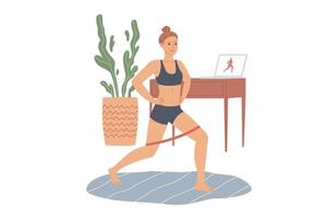 Woman does lunges with a rubber loop resistance band. Exercises for the legs and buttocks at home vector