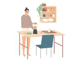Woman at home in the kitchen cooks food using a blender. vector