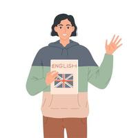 Young man waving his hand in welcome, calling to learn English. vector