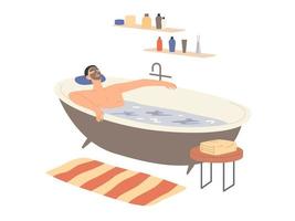 Man with a clay mask on his face takes a bath. vector