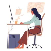 mujer sentada en la mesa y trabajando en línea en la computadora vector