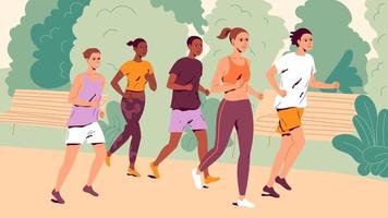People running outdoors. Group of young men and women jogging. vector