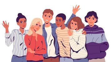 Group portrait of affable friendly close-knit and hugging young people. vector
