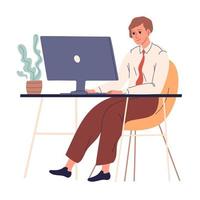 Man sits at his desk in front of his monitor and works. vector