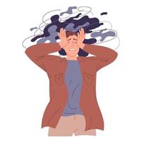 Young man is holding his head while experiencing negative emotions, psychological problems. vector