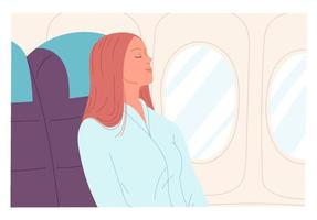 mujer joven dormida en el avión. ilustración. vector