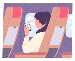 mujer con smartphone en avión durante el vuelo. vector