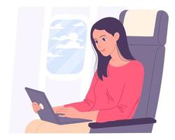 Woman with laptop in airplane works during flight. vector