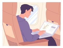 Man with laptop on airplane while in flight. vector